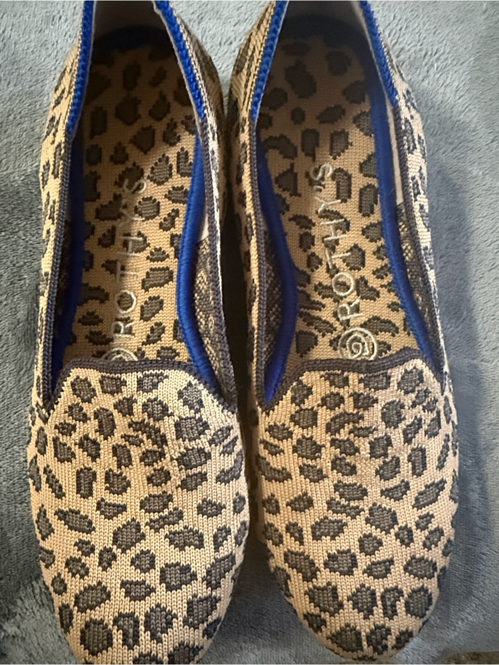 Rothy's Leopard Print Slip-Ons with Blue Trim